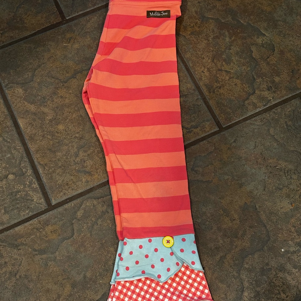Matilda Jane Red and Orange Striped Leggings with Blue and Red Accents